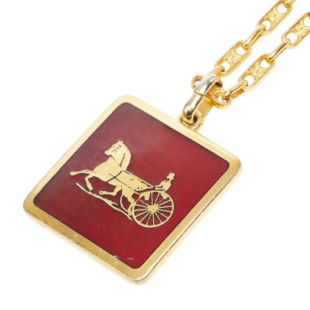Macadam Carriage Square Plate Pendant Necklace Gold and Red