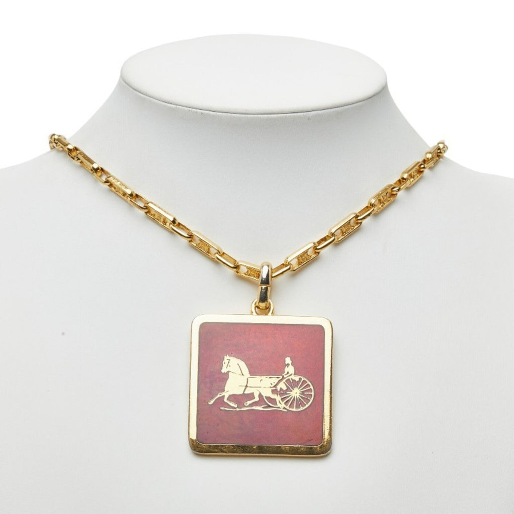 Macadam Carriage Square Plate Pendant Necklace Gold and Red