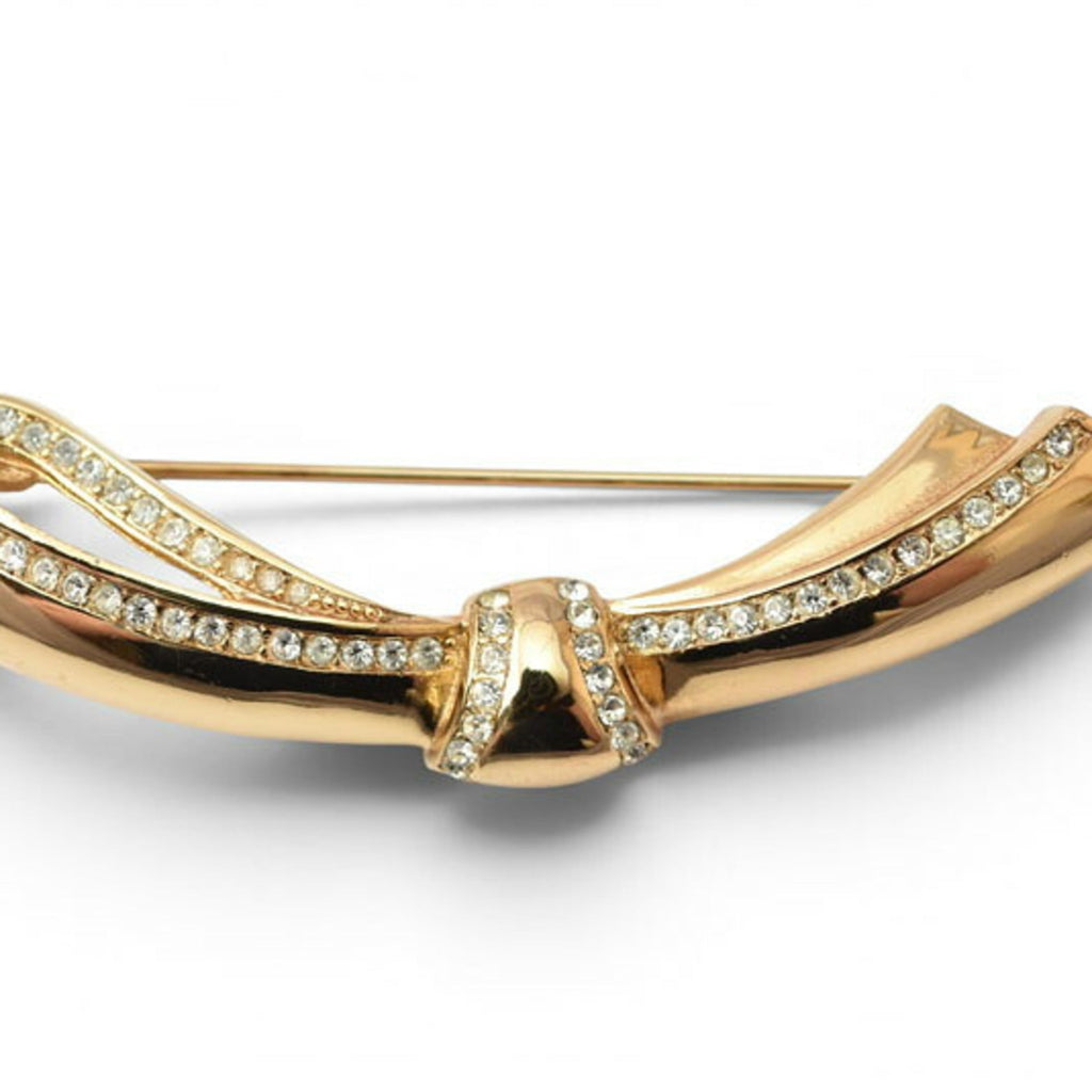 Ribbon Motif Brooch Gold Rhinestone