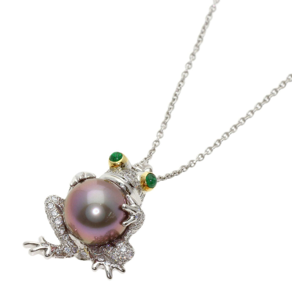 Frog Motif Pendant Necklace Platinum and 18K Yellow Gold with Pearl Diamond and Emerald