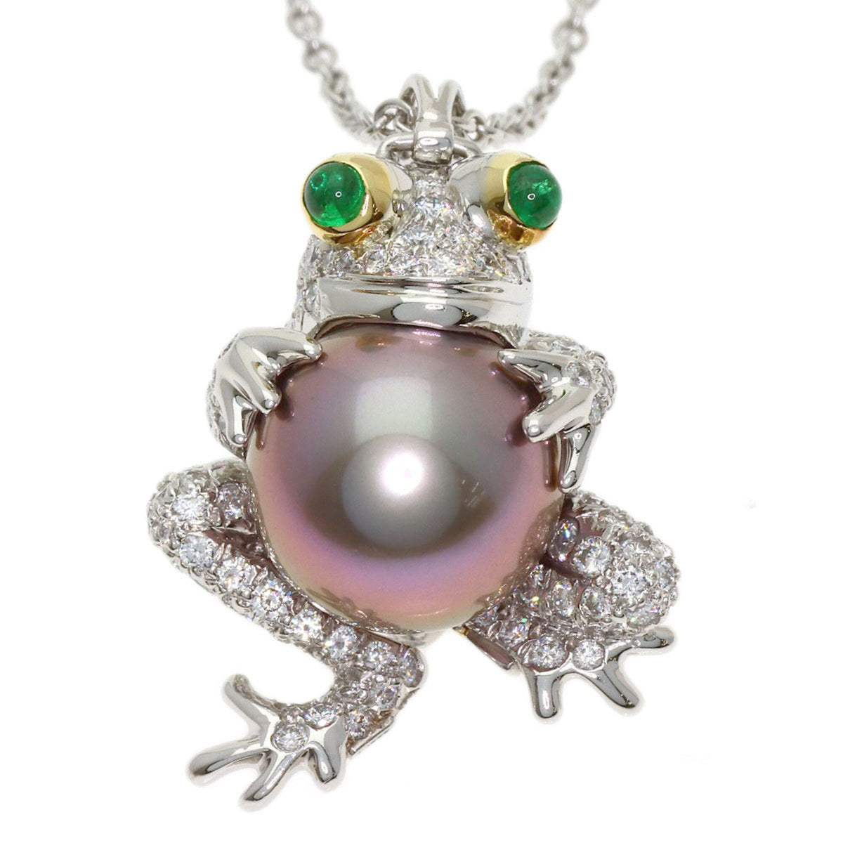 Frog Motif Pendant Necklace Platinum and 18K Yellow Gold with Pearl Diamond and Emerald