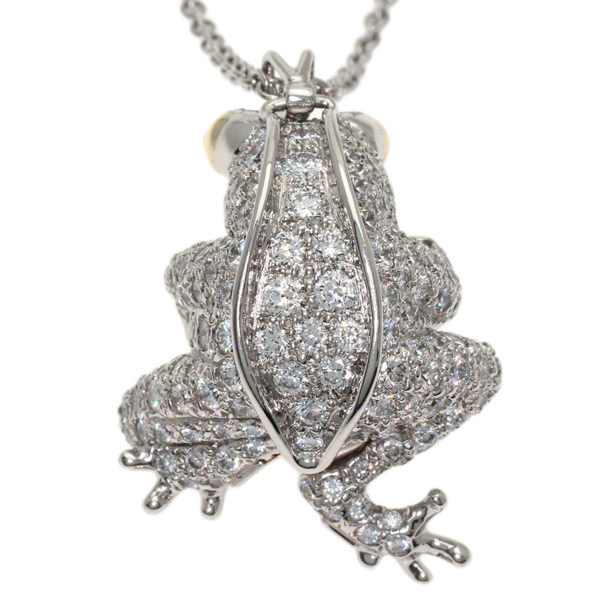 Frog Motif Pendant Necklace Platinum and 18K Yellow Gold with Pearl Diamond and Emerald
