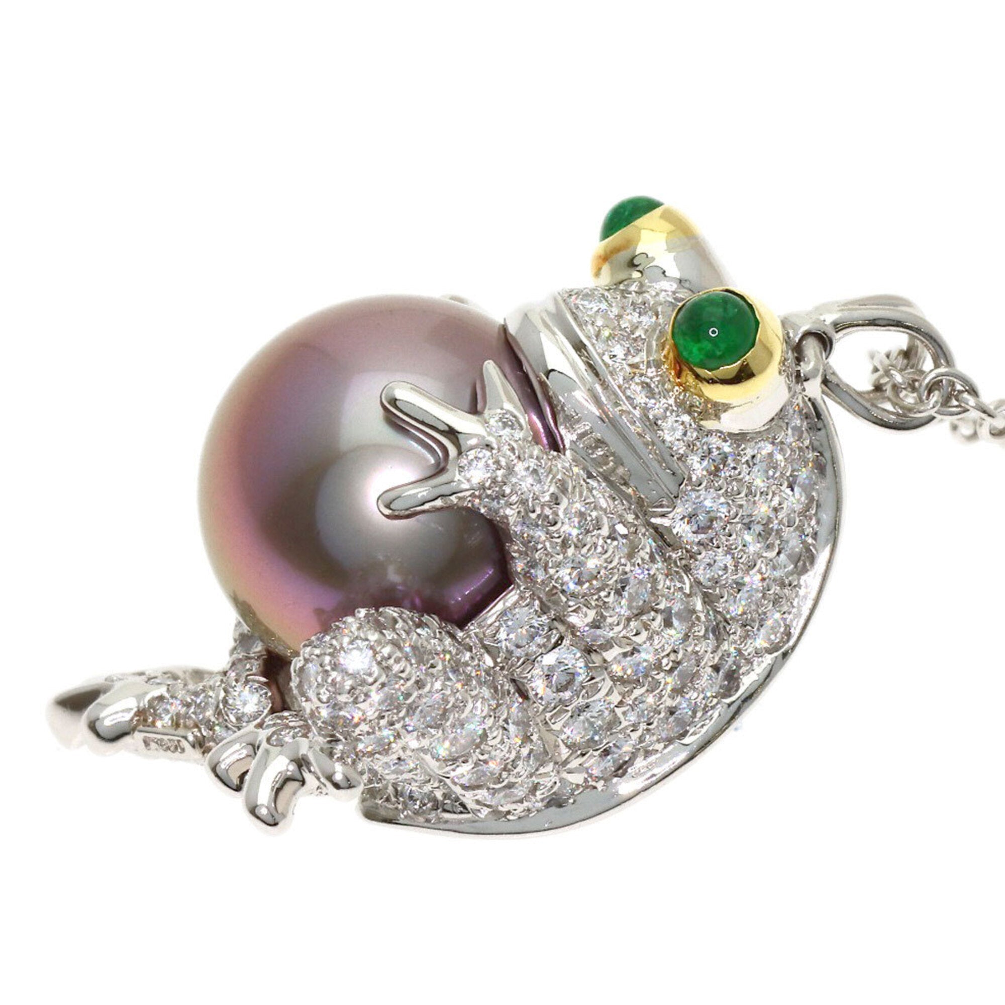 Frog Motif Pendant Necklace Platinum and 18K Yellow Gold with Pearl Diamond and Emerald