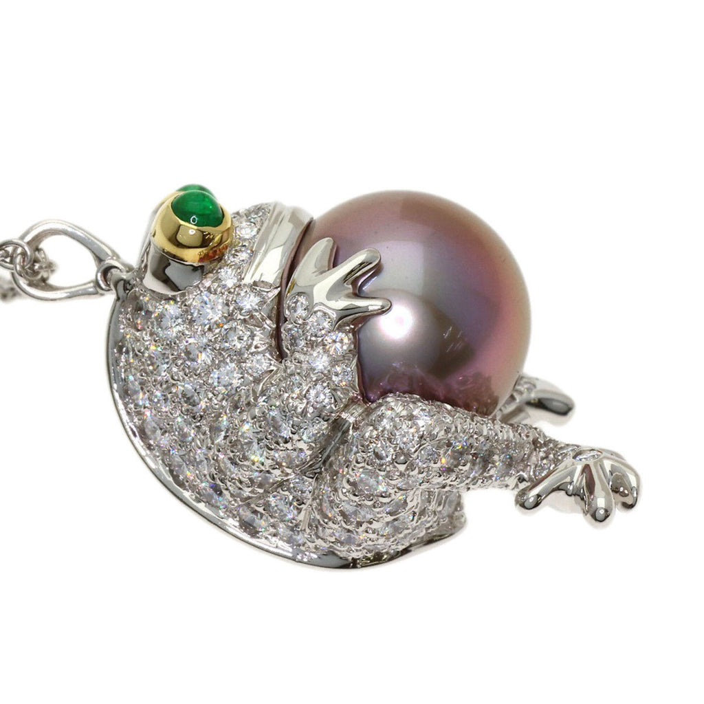 Frog Motif Pendant Necklace Platinum and 18K Yellow Gold with Pearl Diamond and Emerald