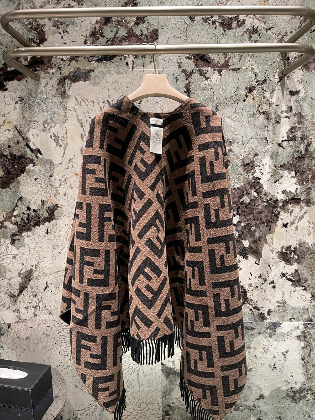 Geometric texture contrasting color knitted shawl, loose fringe warm exterior